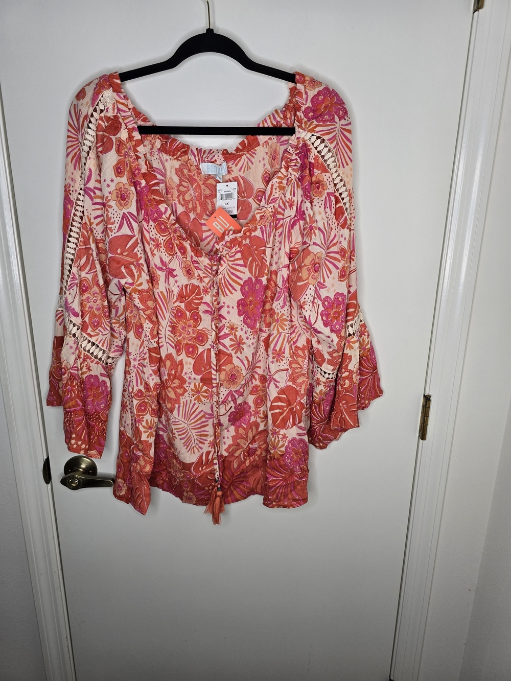 Boho Pink/Coral Floral Peasant Blouse -
